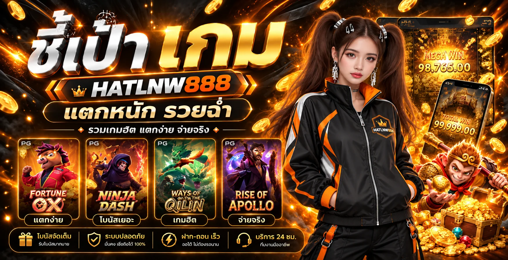 แบนเนอร์เกมสล็อต PG HATLNW888 พร้อมตัวละครเกม